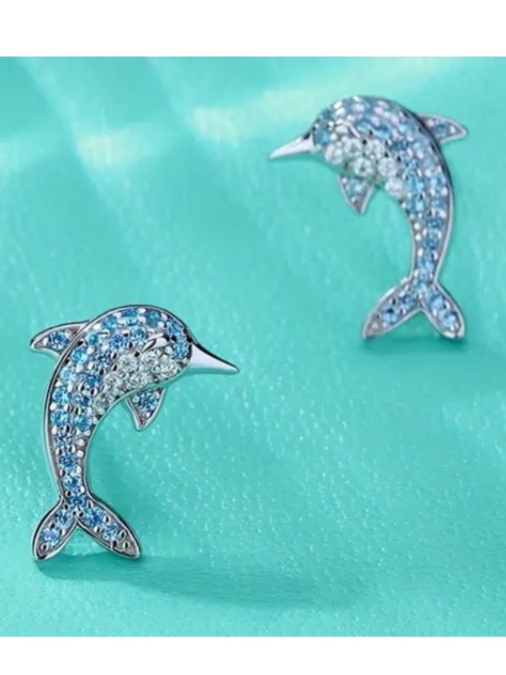 Blue Crystal Dolphin Silver Toned Stud Earrings